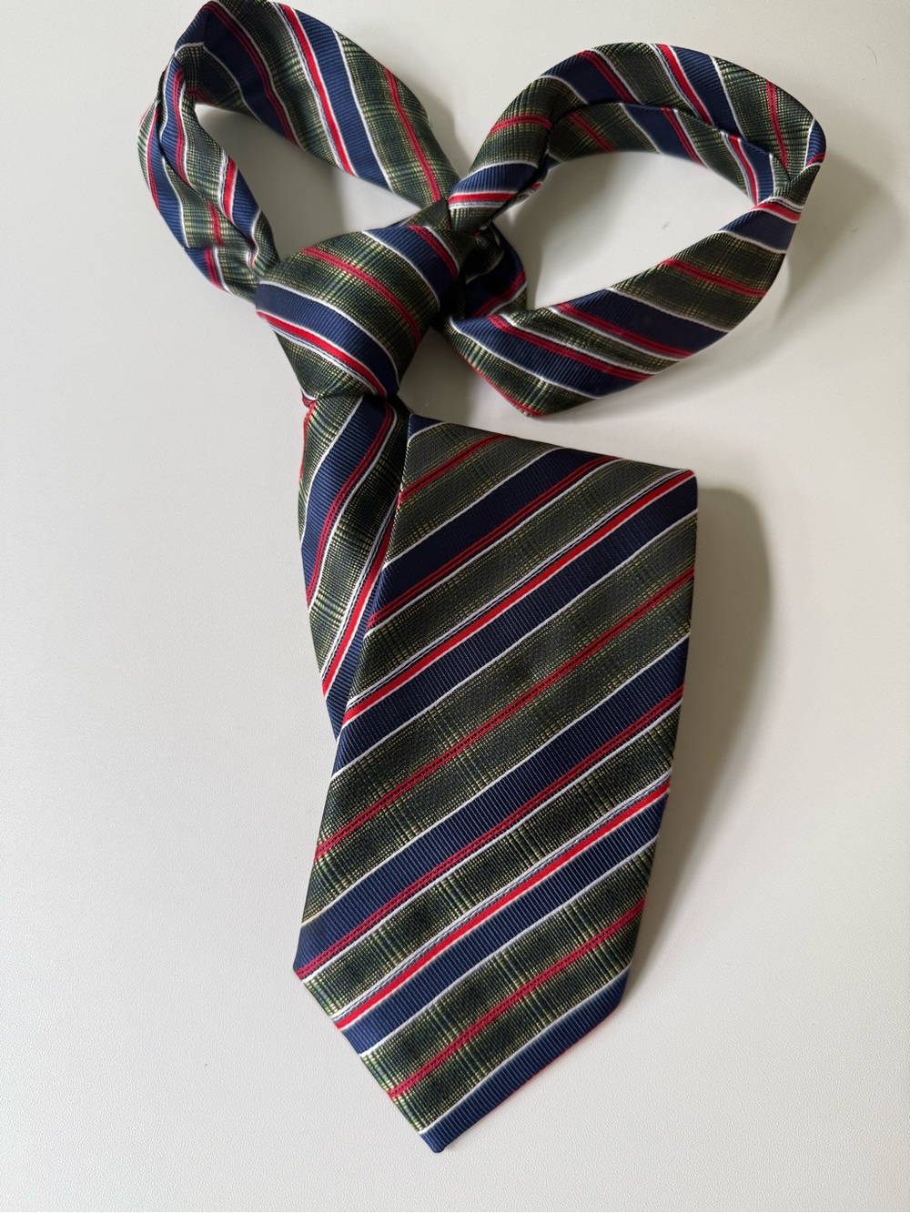 Classic Striped Necktie in Navy, Olive & Red